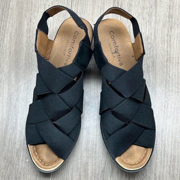 Comfortiva Sandals Women Sz 6.5M Elastic Criss Cross Strap Farrow Open Toe Black - Picture 6 of 12
